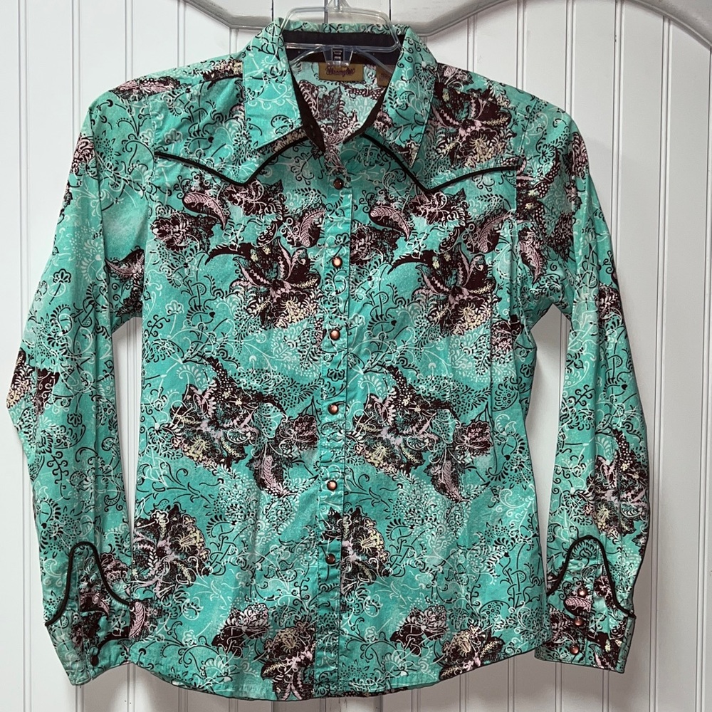 Wrangler Turquoise Western Snap Shirt S - Picture 2 of 6